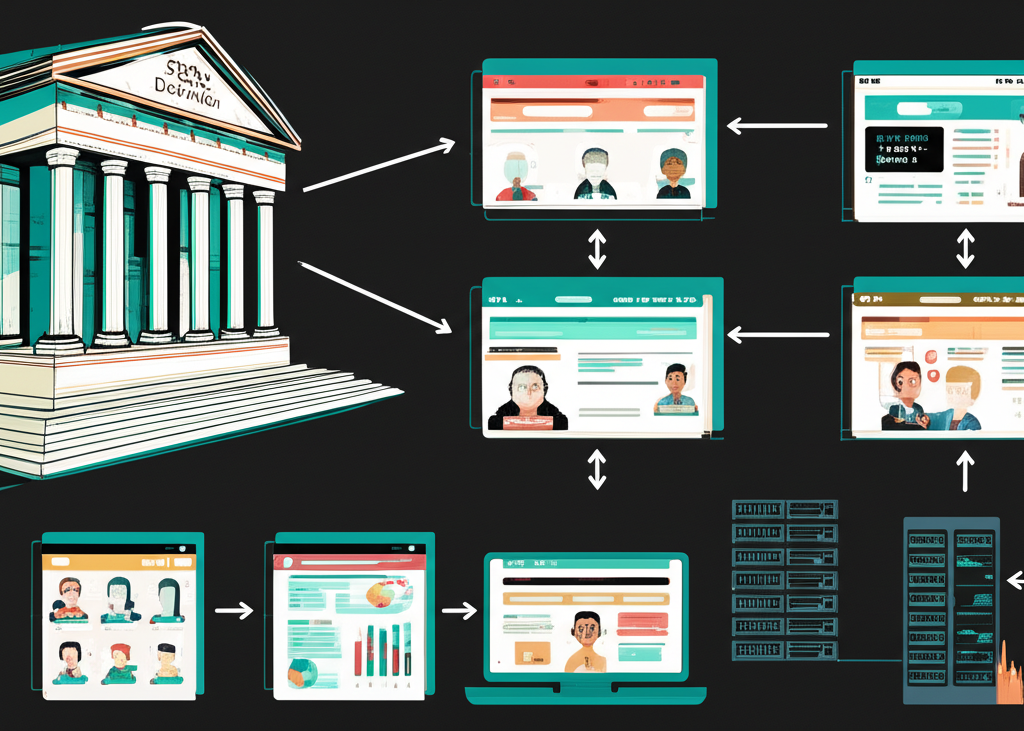 Illustration showing a chain of entities: a large stock exchange building at the source, connected to smaller broker platforms, which then connect to individual traders and specialized third-party data vendors, all linked by data flow arrows. Style: infographic-like illustration.