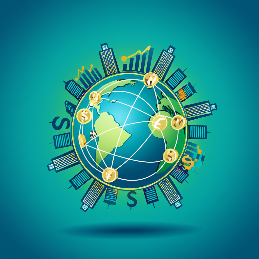 Illustration of a globe with interconnected lines representing financial flows and various economic symbols (charts, currencies, buildings) around it, illustrating global markets trading