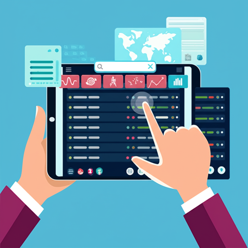Illustr游戏副本 of a user interacting with a digital interface, exploring a vast library of categorized TradingView indicators, with elements like a search bar and various tool icons, emphasizing the process of management and strategic selection.