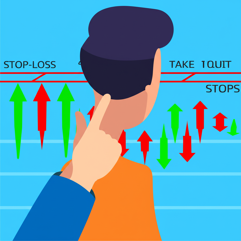 Trader analyzing chart with profit loss arrows and stop loss take profit levels marked