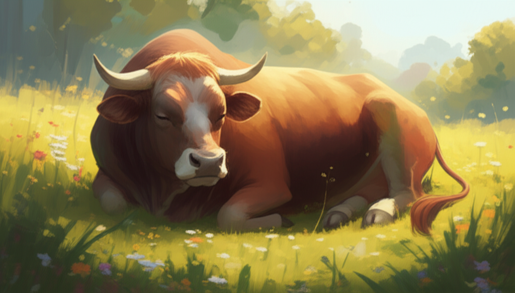 Illustration of a majestic bull peacefully sleeping in a verdant field, exuding quiet strength and profound peace, with soft, natural lighting
