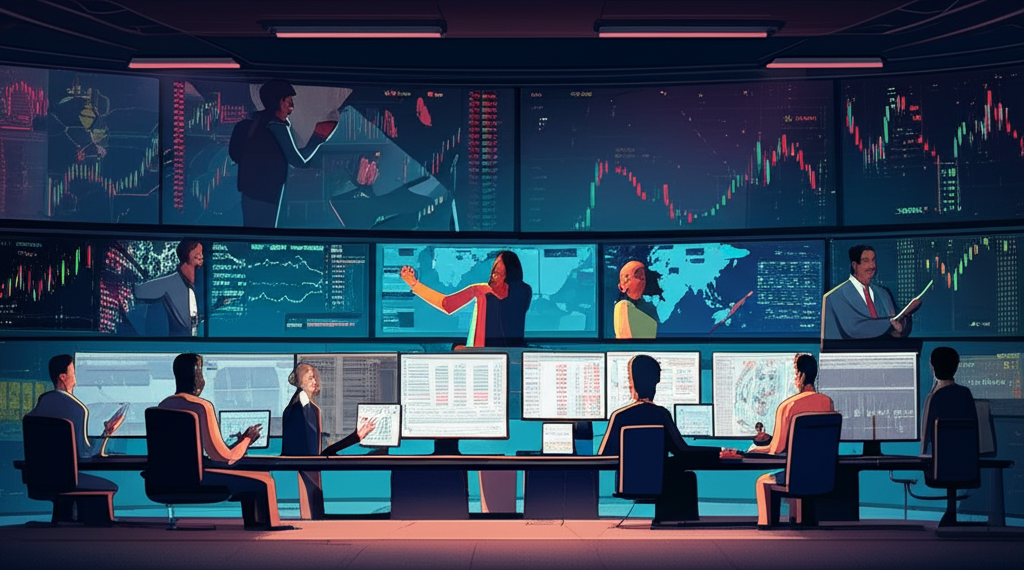 Illustration depicting a 24/5 global market operation, showing different time zones with diverse traders interacting with various financial instruments like stocks, Forex, and commodities on screens