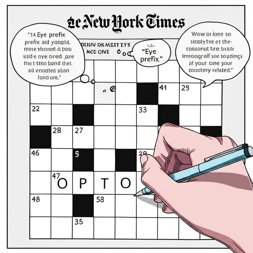 Illustration of a New York Times crossword in progress with 'OPTO' highlighted and thought bubbles showing clues like 'Eye prefix' and 'Vision-related'