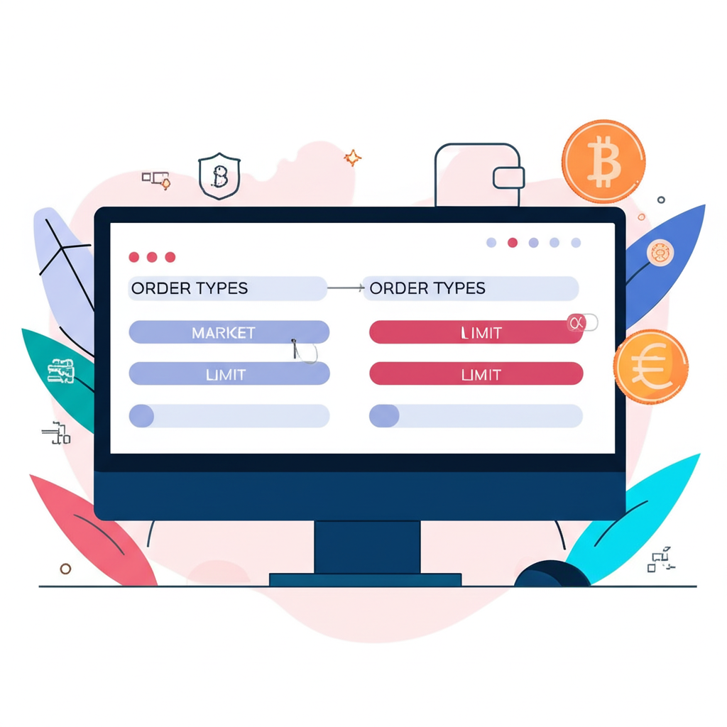 Beginner using a computer to navigate a cryptocurrency exchange with order types and security features
