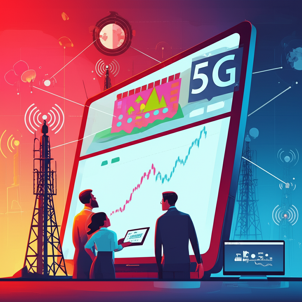 Illustration of Nokia stock chart with global investors, 5G towers, and enterprise solutions highlighting telecom industry focus