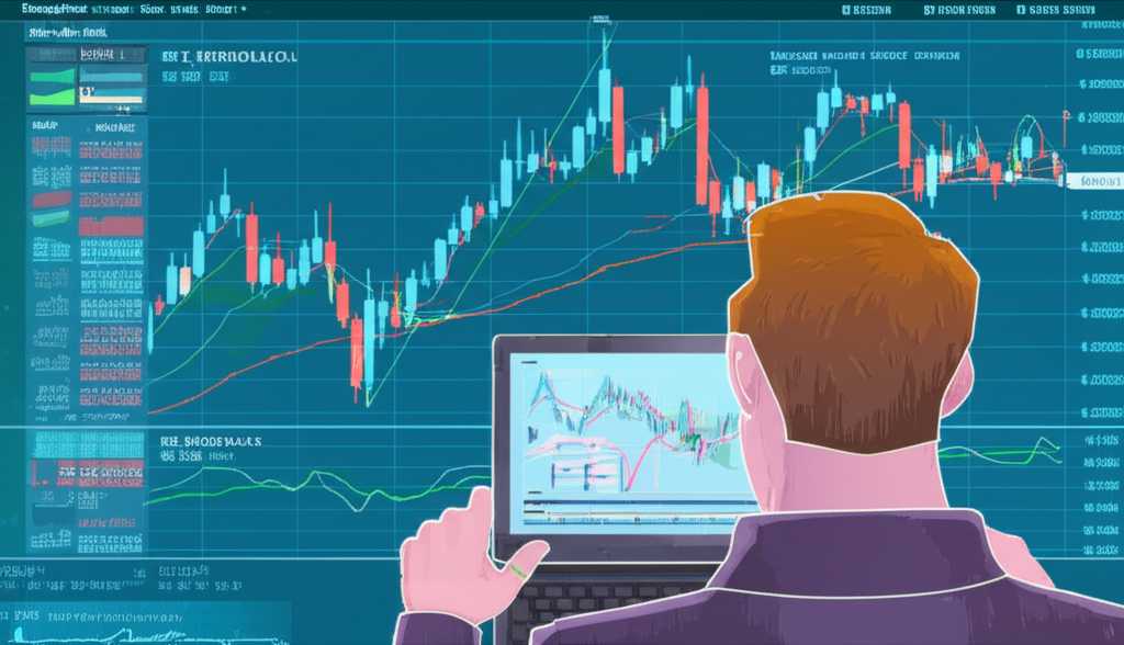 Illustration of a trader analyzing a complex financial chart on TradingView, filled with various indicators and data visualizations, symbolizing the power of technical analysis in dynamic markets.