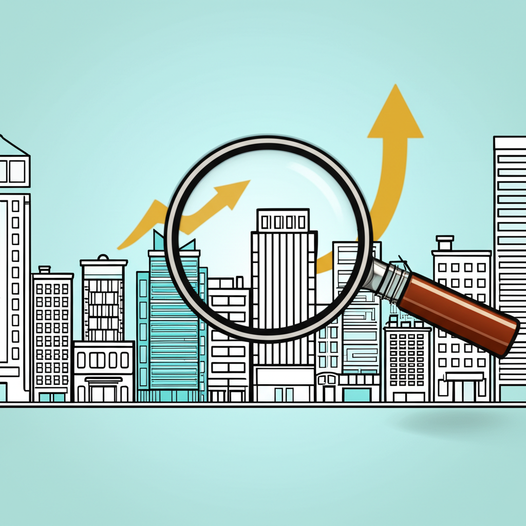 Illustration of a group of diverse, smaller company buildings standing out in a cityscape, with a magnifying glass highlighting their rapid growth against larger, established skyscrapers, depicting small-cap characteristics