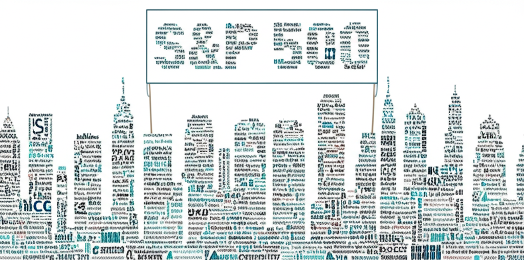 City skyline composed of 500 company logos under an S&P 500 banner, symbolizing market-cap weighting and economic representation
