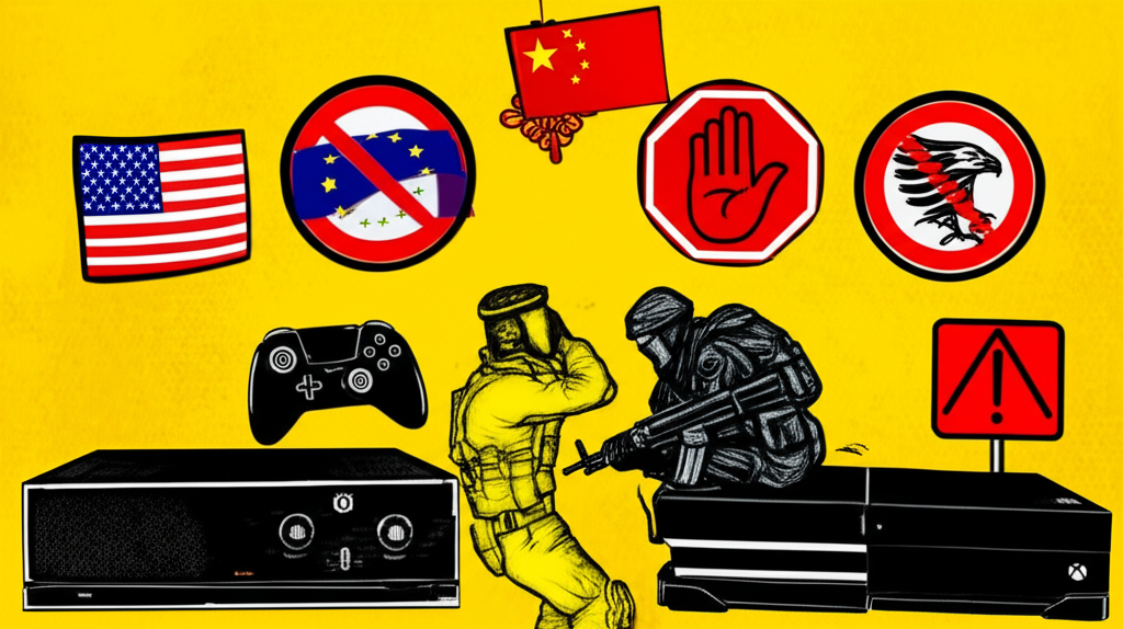 Illustration showing a 'Call of Duty' game character caught between competing consoles (Xbox, PlayStation), with various global antitrust regulator symbols (EU, China, UK, US) as red flags, representing intense scrutiny and market concentration concerns