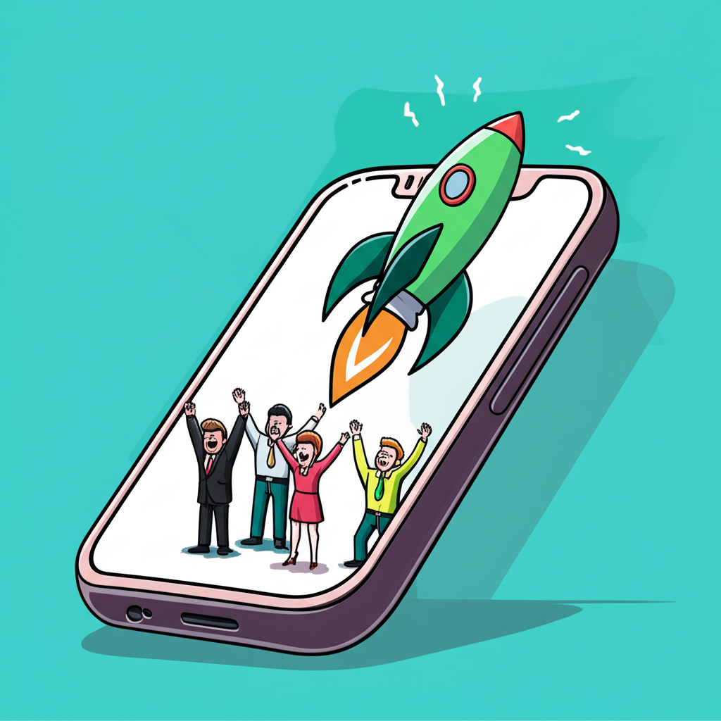 Illustration of a rocket-shaped stock chart launching from a phone screen, with small investor avatars cheering, representing the GameStop short squeeze and rise of collective retail action