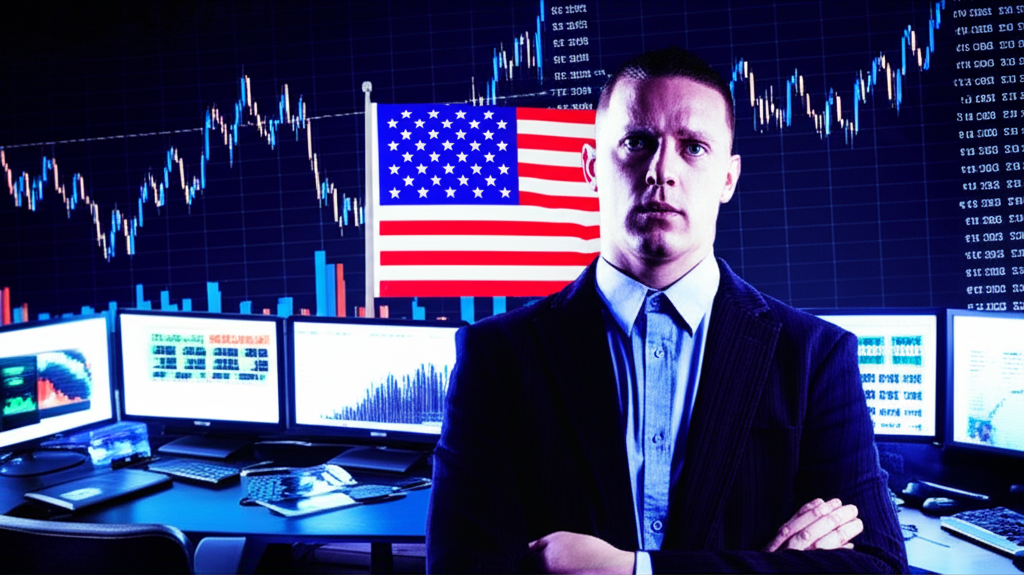 Trader with US flag and live forex charts on multiple screens