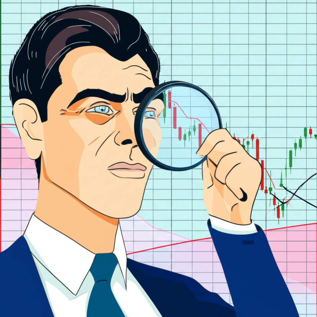 An illustration of a trader looking through a powerful lens at a complex financial chart, with MACD lines highlighting momentum shifts and potential trend accelerations or decelerations, symbolizing informed decision-making.