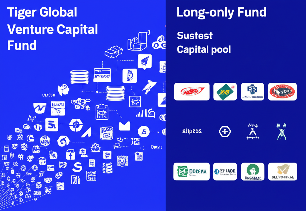Illustration of $11 billion venture fund and $1 billion long-only fund with tech and public market icons representing Tiger Global's dual investment strategy