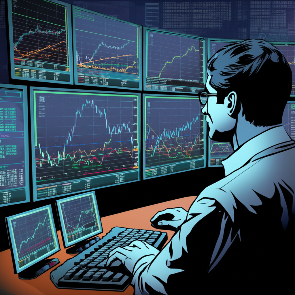 Trader monitoring live VSTOXX charts showing historical volatility trends and crisis-related spikes