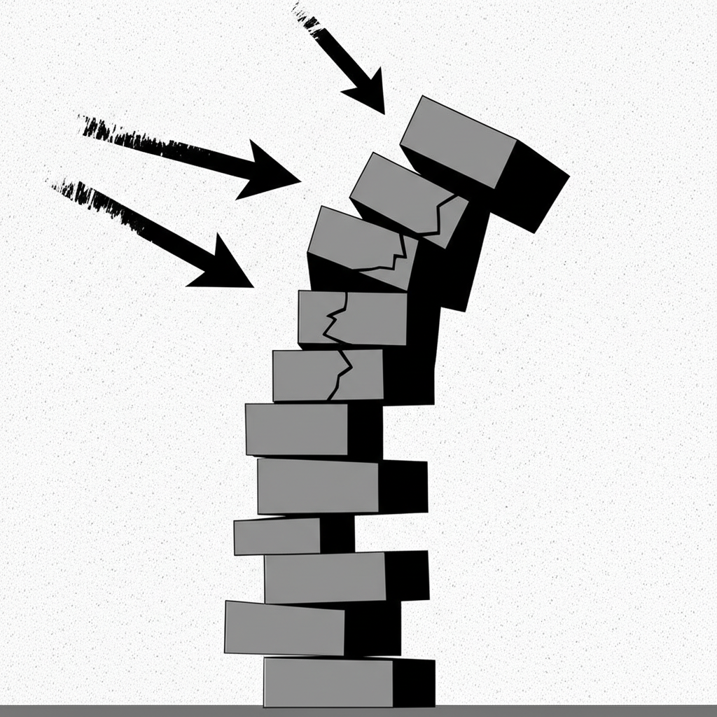 Illustration depicting various economic imbalances like a shaky tower of blocks, with cracks appearing, symbolizing systemic vulnerabilities before a financial constriction, in a conceptual illustration style