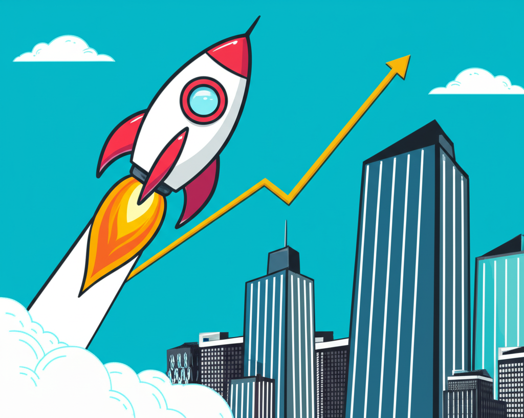 Illustration of a small, agile company rocket launching past large, slow-moving corporations towards a growth chart, symbolizing big potential in small-cap investing