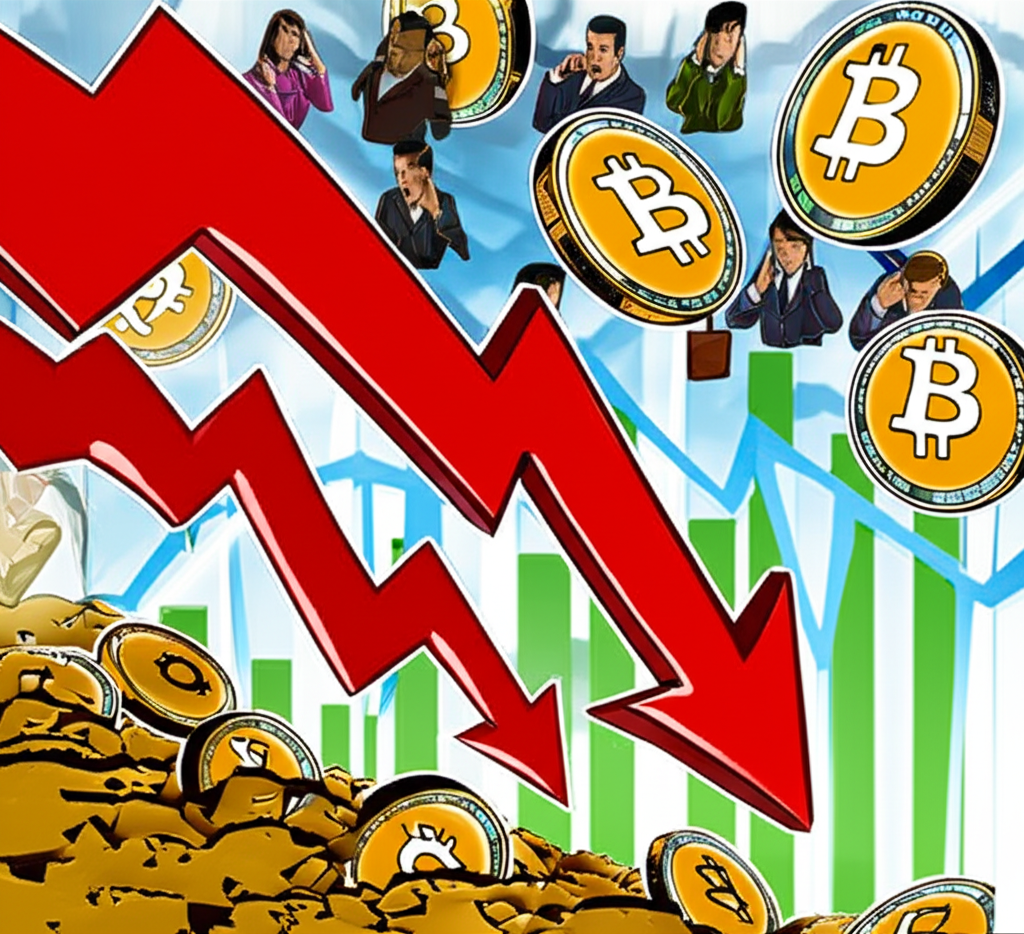Illustration of a steep cryptocurrency crash with falling digital coins and anxious investors
