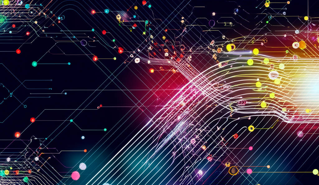 Abstract digital art showing data streams and API connections across financial markets
