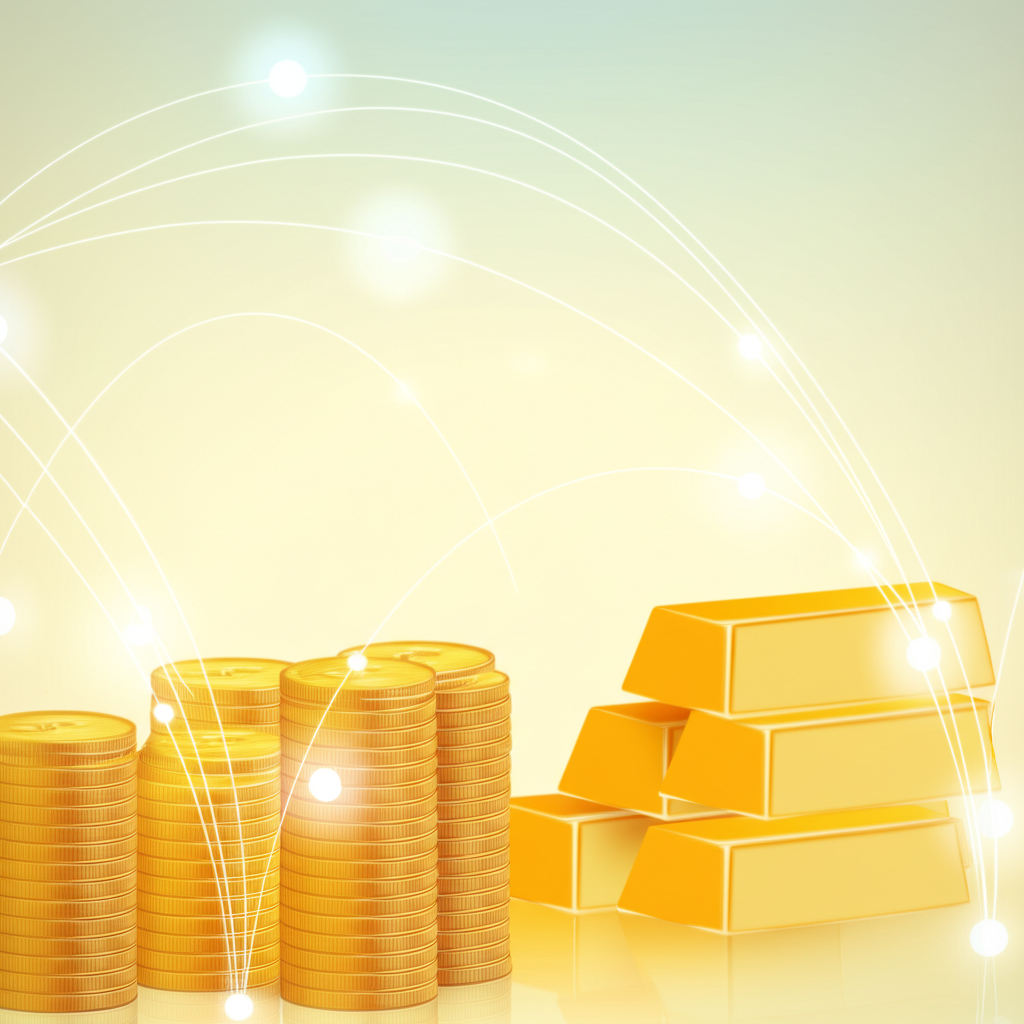 Illustration of gold bars and coins symbolizing wealth with digital trading lines showing global online access