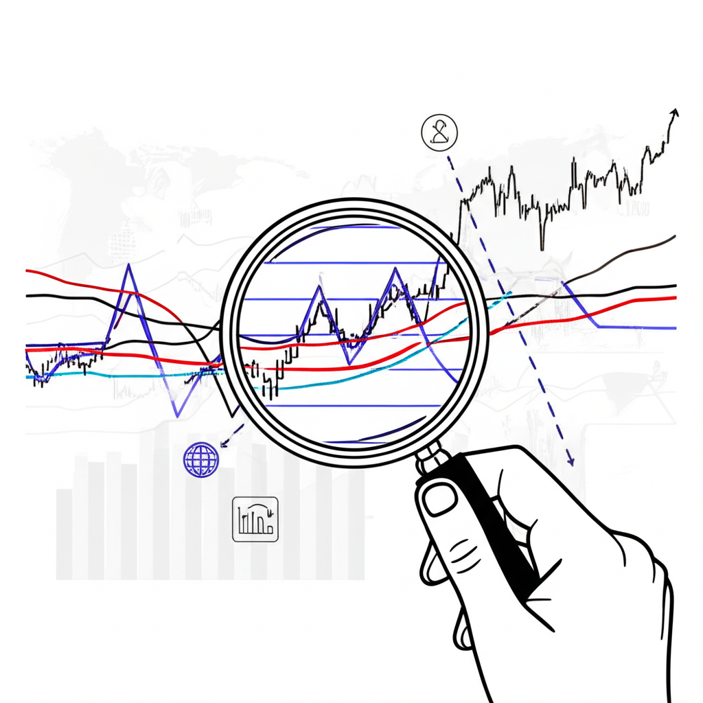 Illustration showing a hand with a magnifying glass over a financial chart, highlighting global markets and the concept of leverage in CFD trading