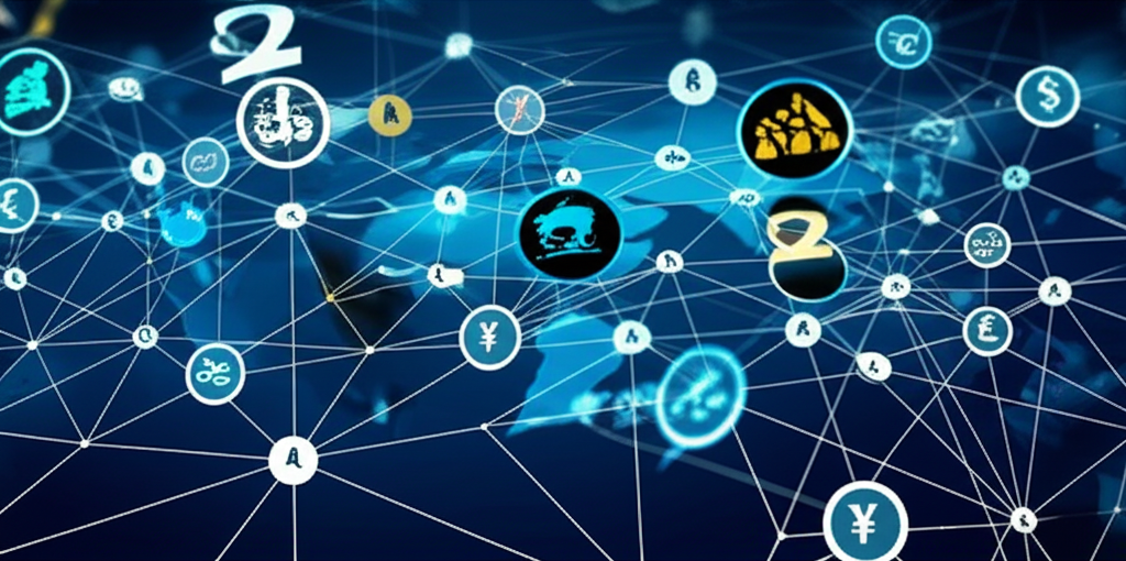 Illustration of a vast, interconnected digital network representing global financial markets, with abstract icons of stocks, bonds, and currencies flowing between countries