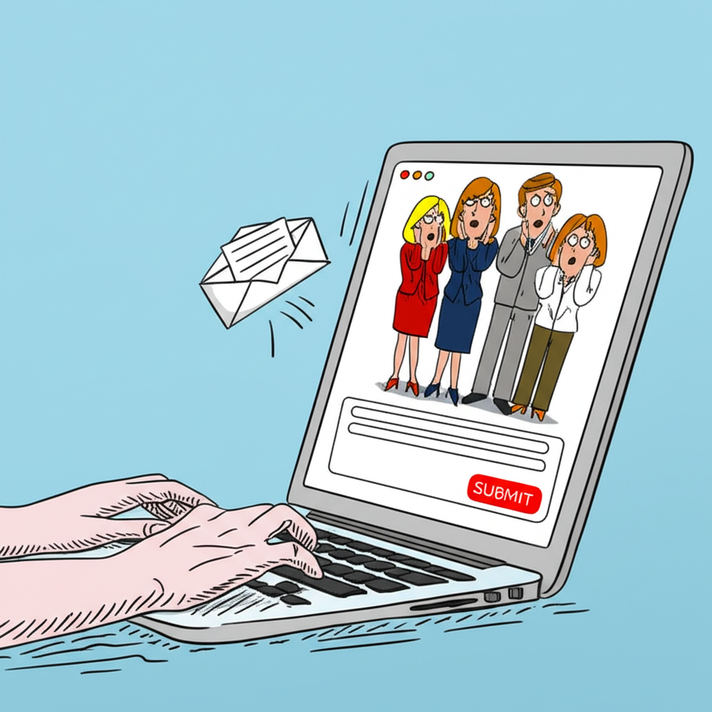 Illustration of a person typing on a laptop, submitting a message via a website contact form, with an envelope icon flying towards a group of administrative staff, symbolizing fan mail and general inquiries.