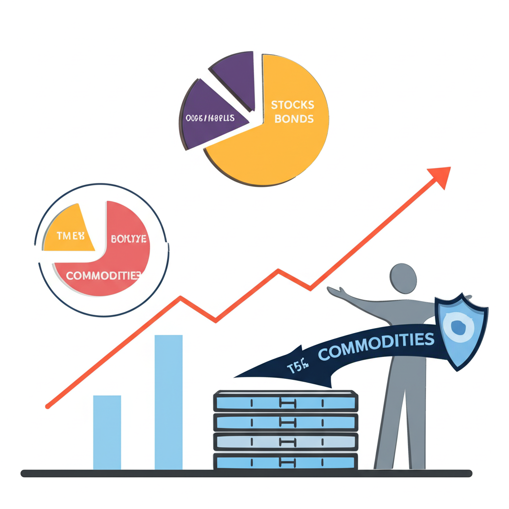Illustration of an investor benefiting from commodities: a balanced portfolio with stocks/bonds/commodities, a shield against inflation, and a graph showing profit from market volatility
