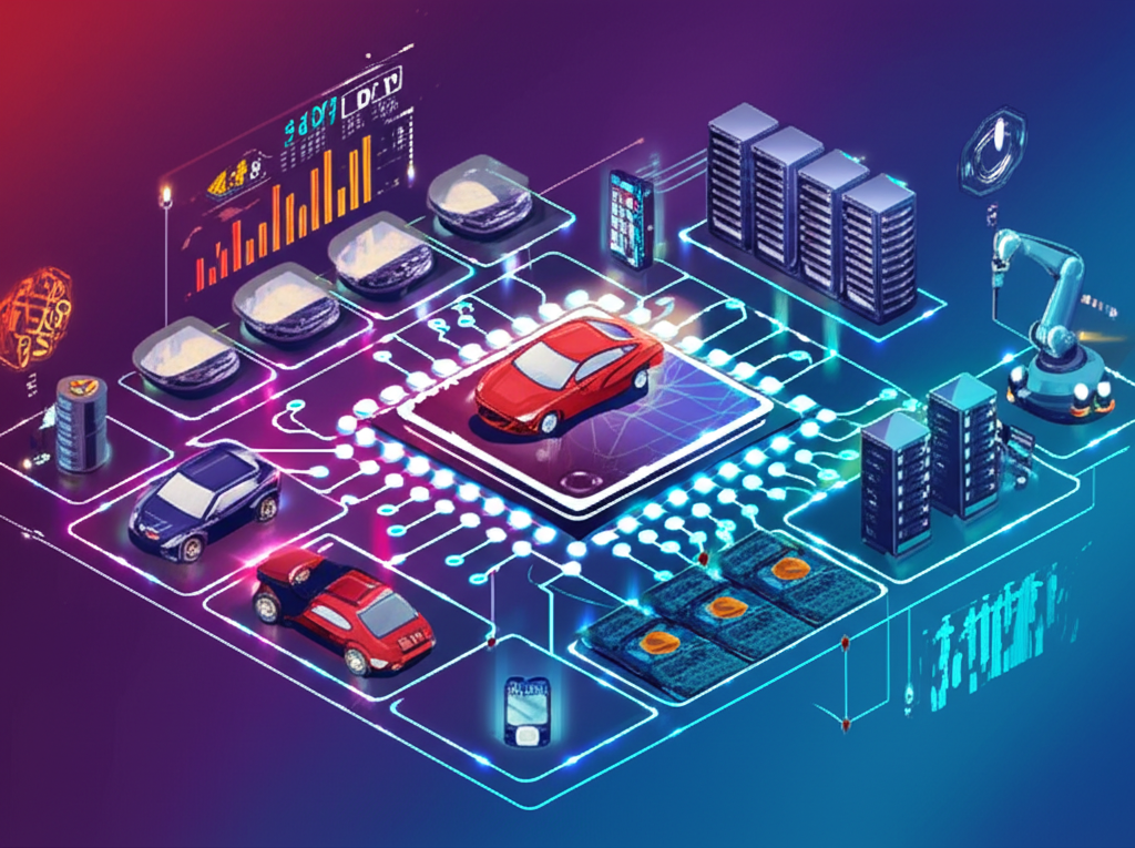 Illustration of Socionext's global impact showing diverse SoC applications in automotive, industrial, data centers, and smart devices, interconnected by a network of chips, with investor analysis overlays and vibrant colors