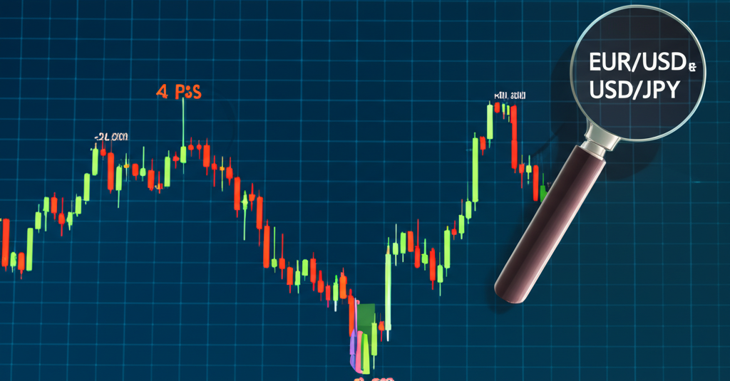 Digital trading screen with EUR USD and USD JPY charts highlighting pip positions at 4th and 2nd decimal places