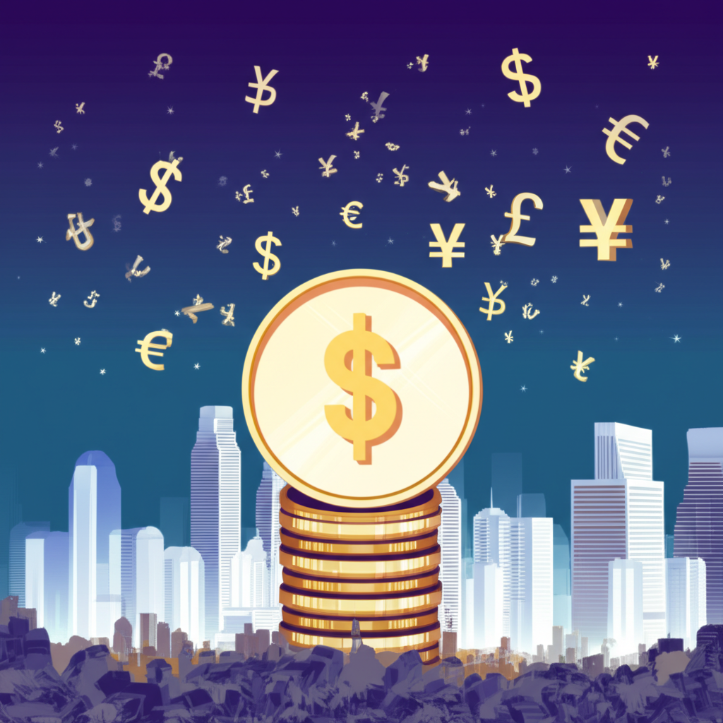 Illustration of the US Dollar dominating global financial markets with smaller currencies orbiting around it