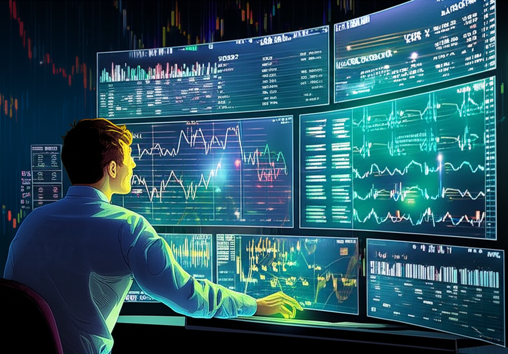 Trader analyzing digital charts with glowing indicators for scalping strategy
