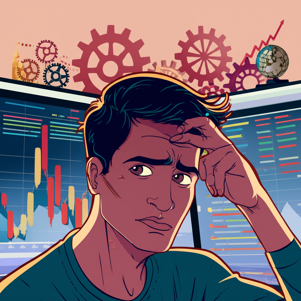 An illustration of a worried investor looking at volatile stock market charts, with gears of economy and global events in the background, conveying uncertainty and financial concerns.