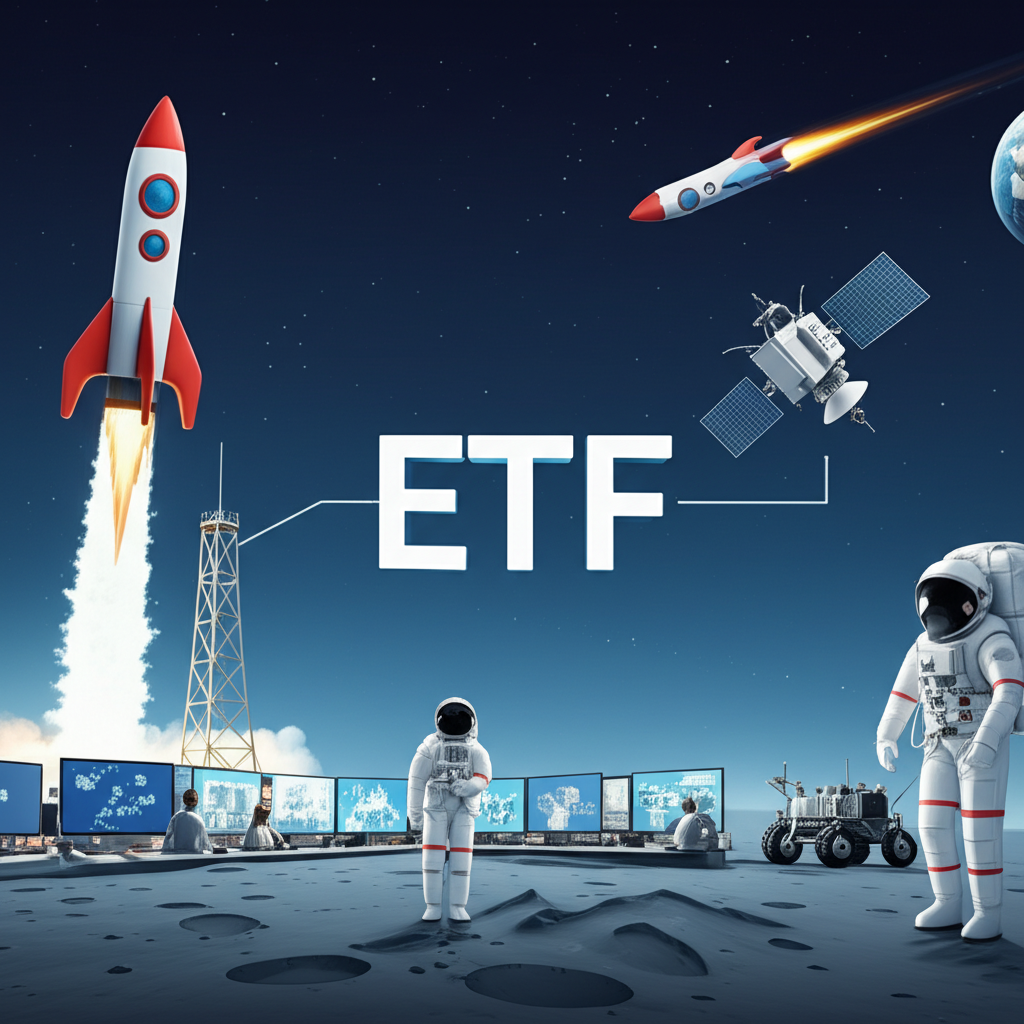 Visual representation of the space economy including rocket launches, satellites, lunar missions, and ground control, connected to an ETF symbol