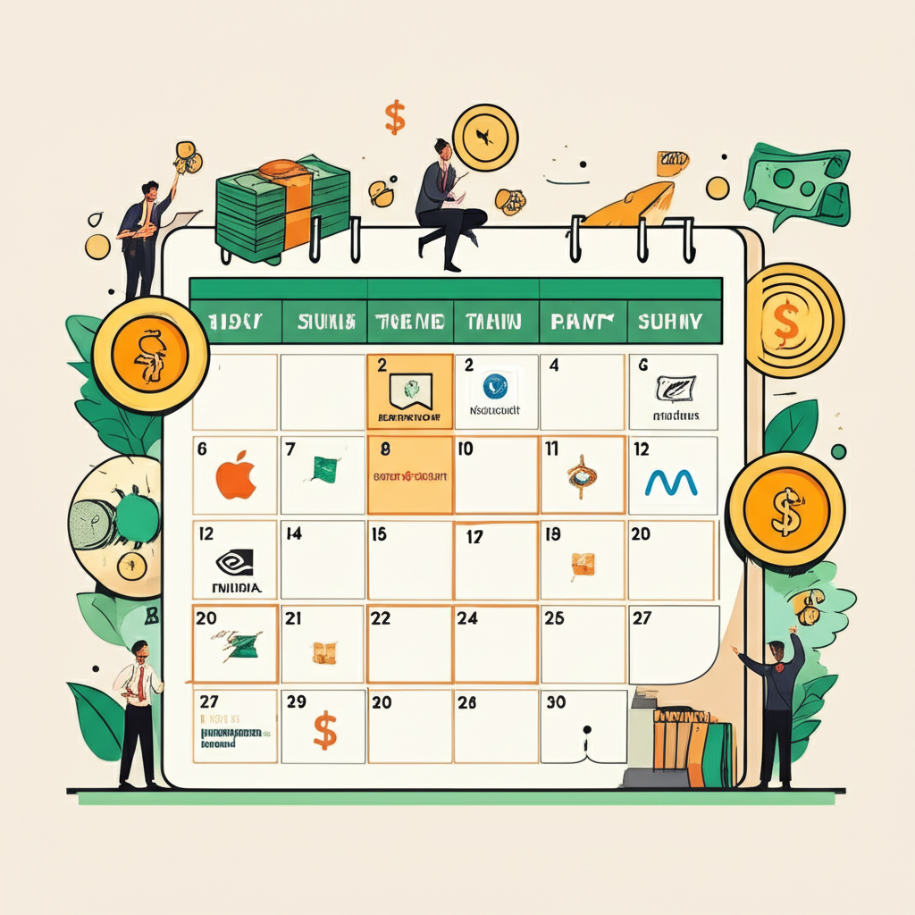 Illustrative calendar showing typical earnings release windows for the Magnificent 7 companies, with investor anticipation