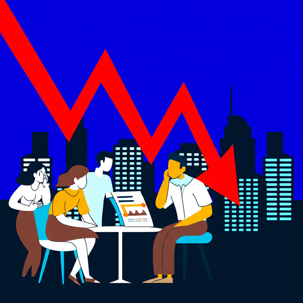 Illustration of a cityscape with financial graphs in sharp decline, symbolizing a market crash, while one person calmly reviews a financial plan