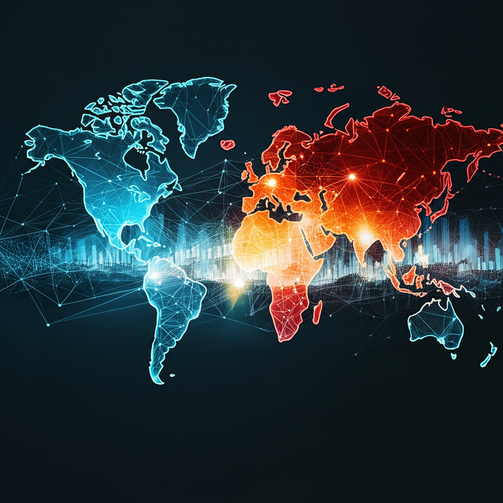 Illustration of the global financial landscape with China's stock exchanges as a central, dynamic force, showing interconnectedness and growth