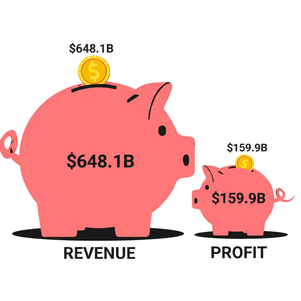 An illustration contrasting two overflowing piggy banks, one labeled 'Revenue' (much larger, $648.1B) and another labeled 'Profit' (smaller, $159.9B), emphasizing financial metrics