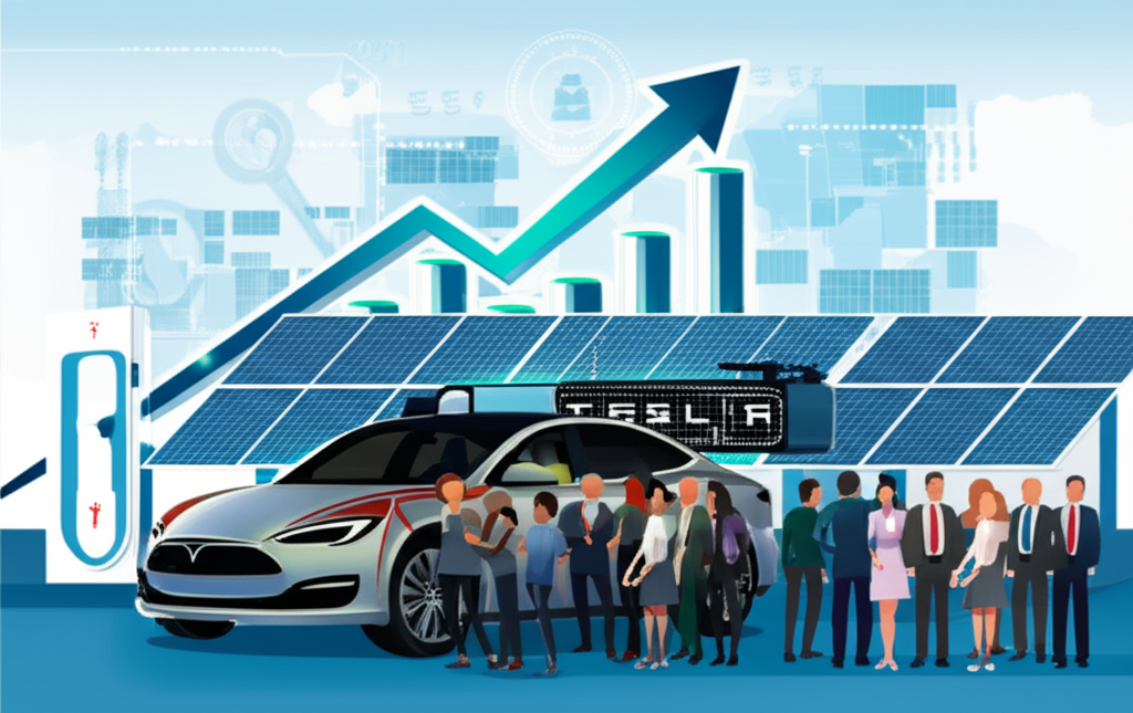 Illustration of Tesla's financial landscape with EVs, energy products, growth charts, and investors, symbolizing innovation and market disruption