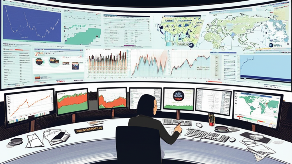 Illustration of Gabriela Santos at a large desk, surrounded by screens displaying global economic data, monetary policy charts, and geopolitical maps, actively analyzing information to create market outlooks for J.P. Morgan clients