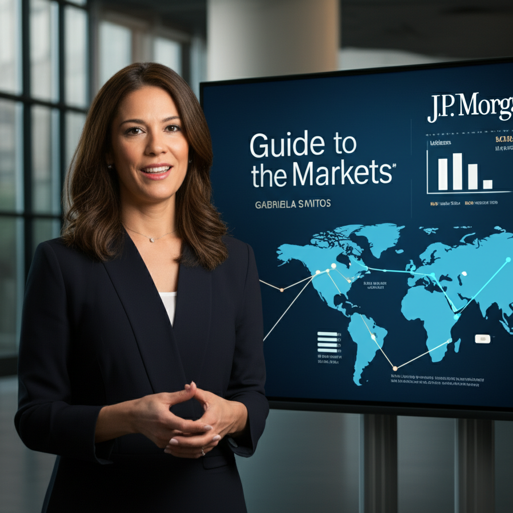 Illustration depicting Gabriela Santos presenting J.P. Morgan's 'Guide to the Markets' insights, with infographics on inflation, interest rates, and emerging markets, guiding investors through future shifts