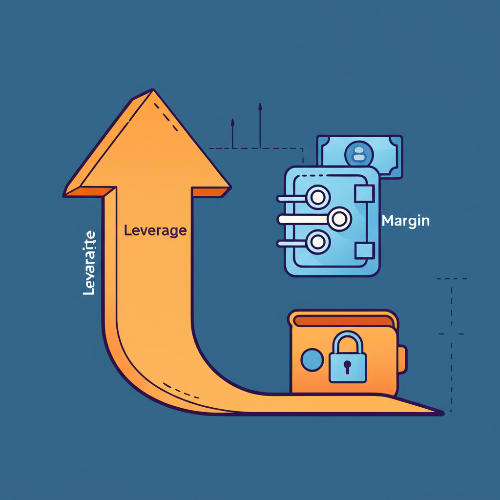 Illustration of two connected icons: a large arrow labeled 'Leverage' pointing upwards, and a small vault labeled 'Margin' with a lock, visually explaining their distinct yet intertwined roles in forex trading