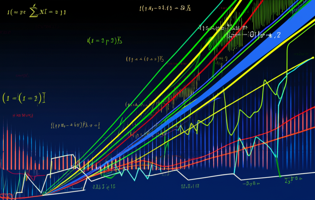 Illustration of a dynamic stock chart with colorful lines and graphs representing trading indicators. Abstract mathematical symbols float, showing raw market data transforming into visual insights for future price forecasts.