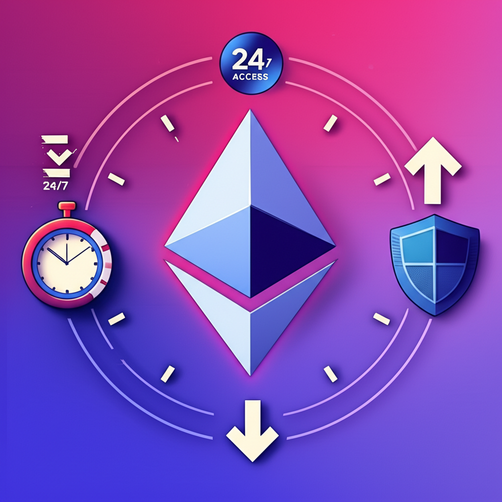 Infographic-style illustration showing Ethereum icon with surrounding symbols for 24/7 access, long/short trading, and no wallet management
