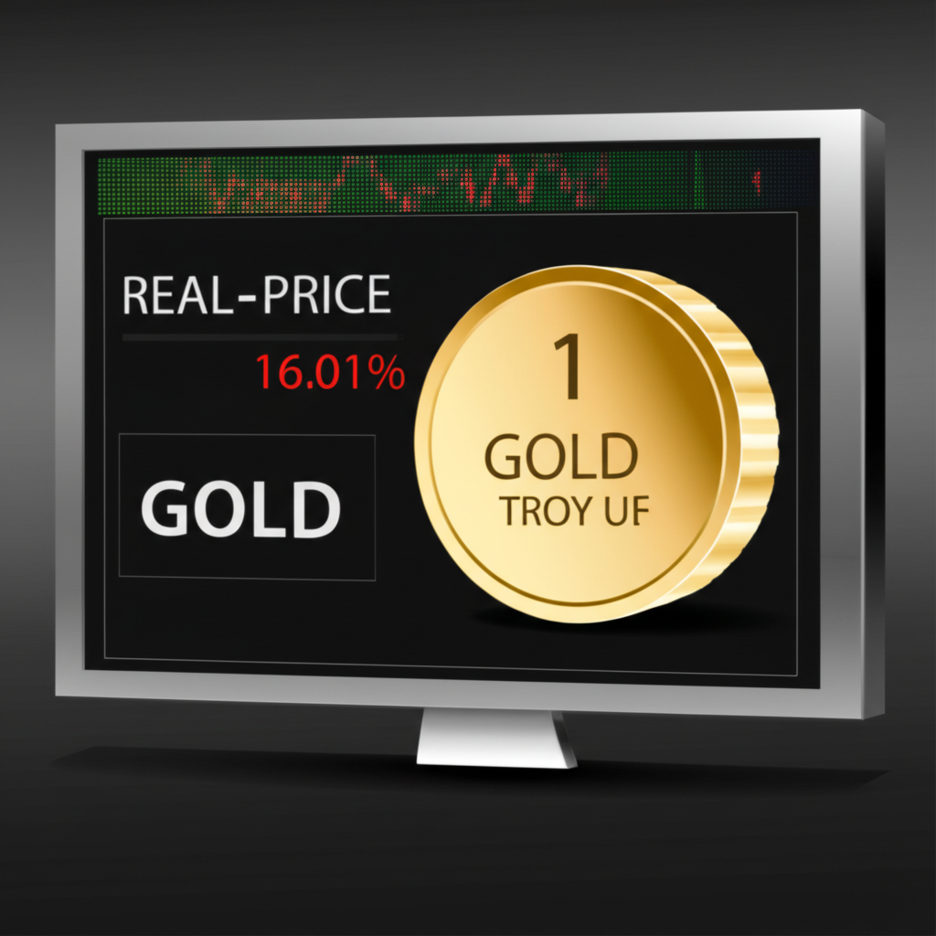 Real-time digital display showing fluctuating gold prices with a troy ounce coin