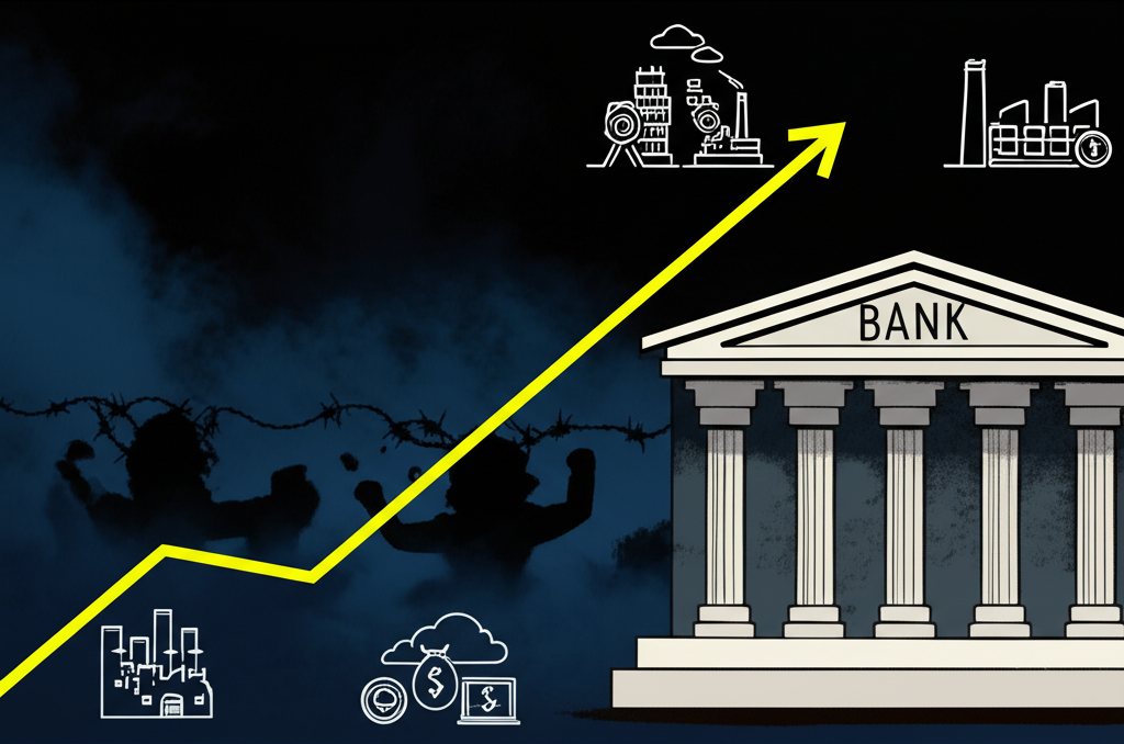 Illustration of Ukraine's financial markets with PFTS index, capital flows, and stable banking amid conflict