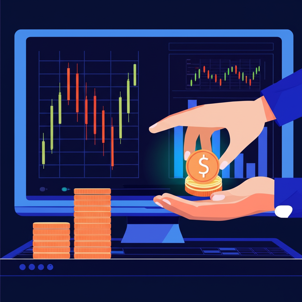 Illustration of a hand receiving a digital loan from a broker to control a larger trade, representing increased trading power through leverage