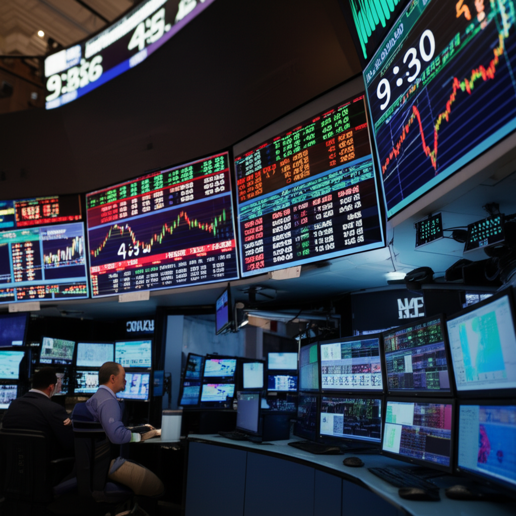 Illustration of active trading floor during 9:30 AM to 4:00 PM ET, showing high liquidity and real-time chart movements