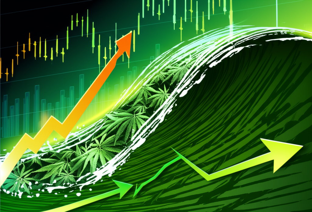 Illustration of a vibrant green wave with cannabis leaves and financial charts representing market growth and CFD trading dynamics