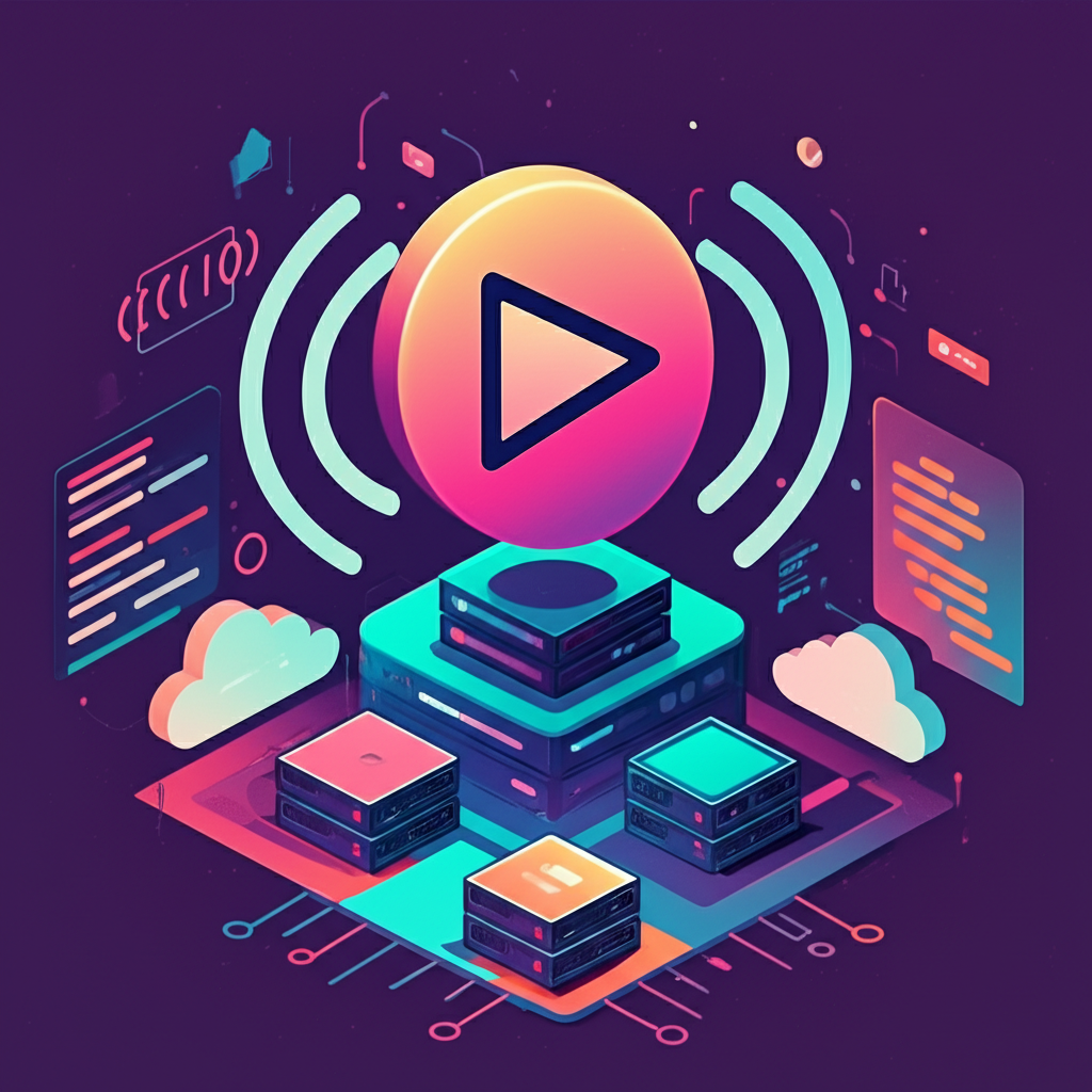 Illustration of a streaming icon with waves emanating outwards, symbolizing Netflix's disruption of entertainment. Below, cloud servers and open-source code snippets represent its technological prowess, all in a vibrant, illustration style.