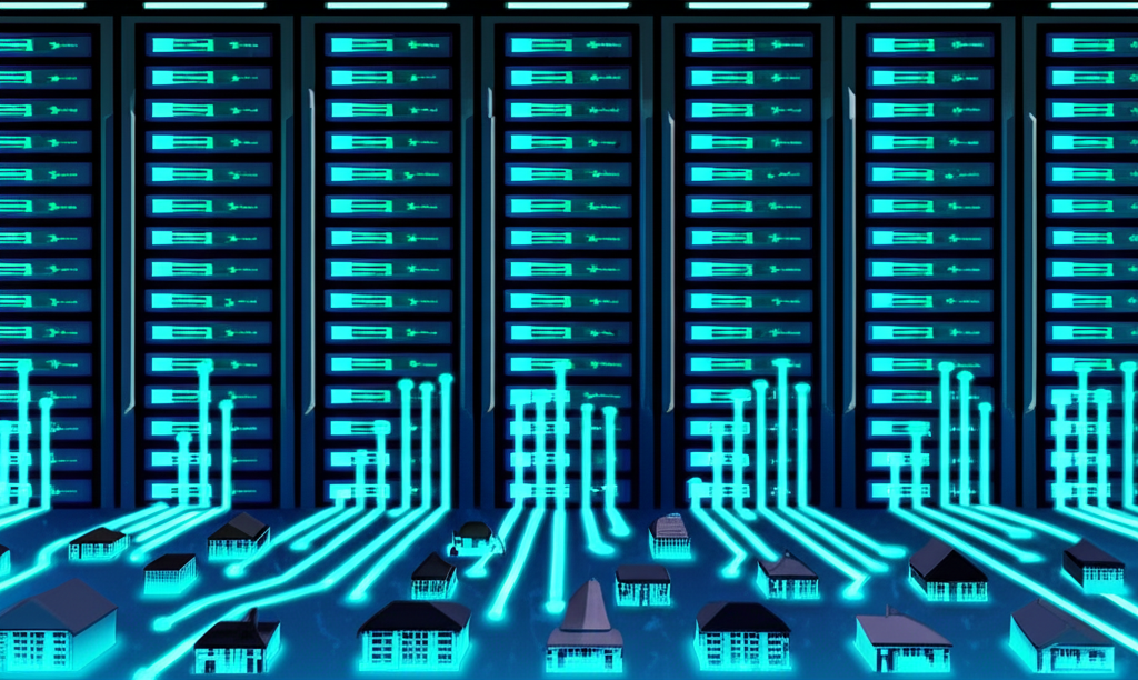 Towering data centers filled with glowing Nvidia GPUs, symbolizing hyperscale cloud providers and their global reach